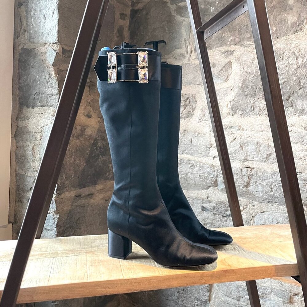 Valentino Black Satin Crystal Embellished Heeled Boots